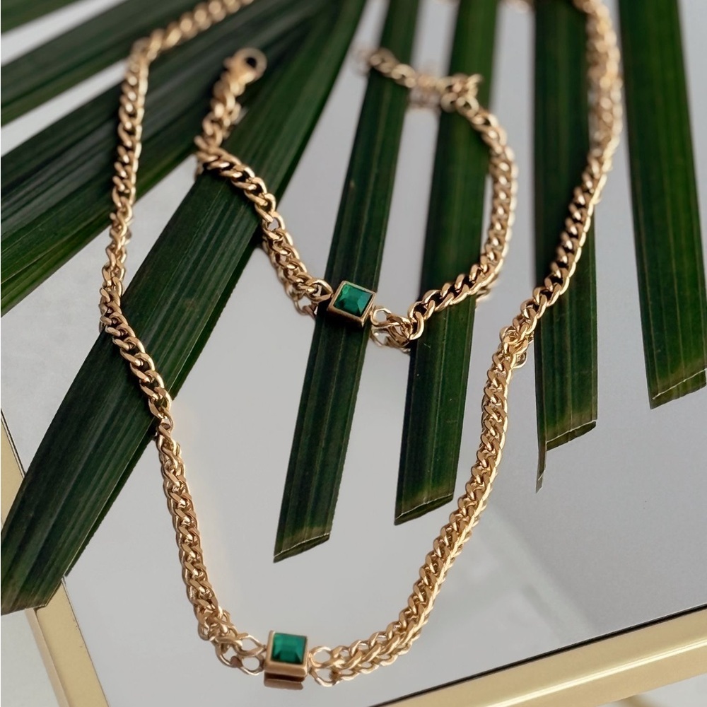 Gold Chain Necklace and Bracelet Set with Green Accents - Picture 3 of 4